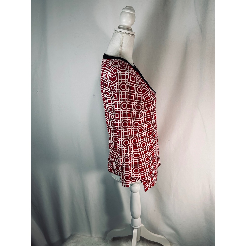 Rafaella Womens Red White Geometric Print Split V-Neck Cotton Knit Top Small - Picture 9 of 9